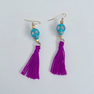 Turquoise Purple Skull Tassle Earrings